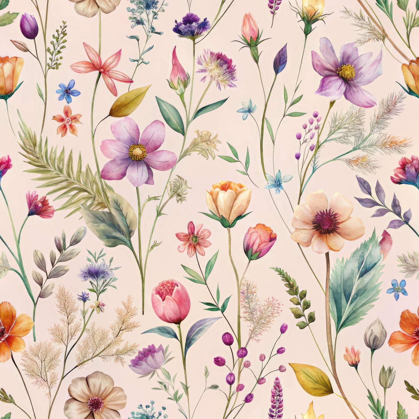 pink background, purple flowers, orange blooms, wildflower pattern, botanical design, delicate stems, watercolor style, quilting cotton, fabric panel, floral motif, nature inspired, soft pastels, meadow flowers, whimsical blooms, crafting material, sewing fabric, garden florals, artistic florals, spring flowers