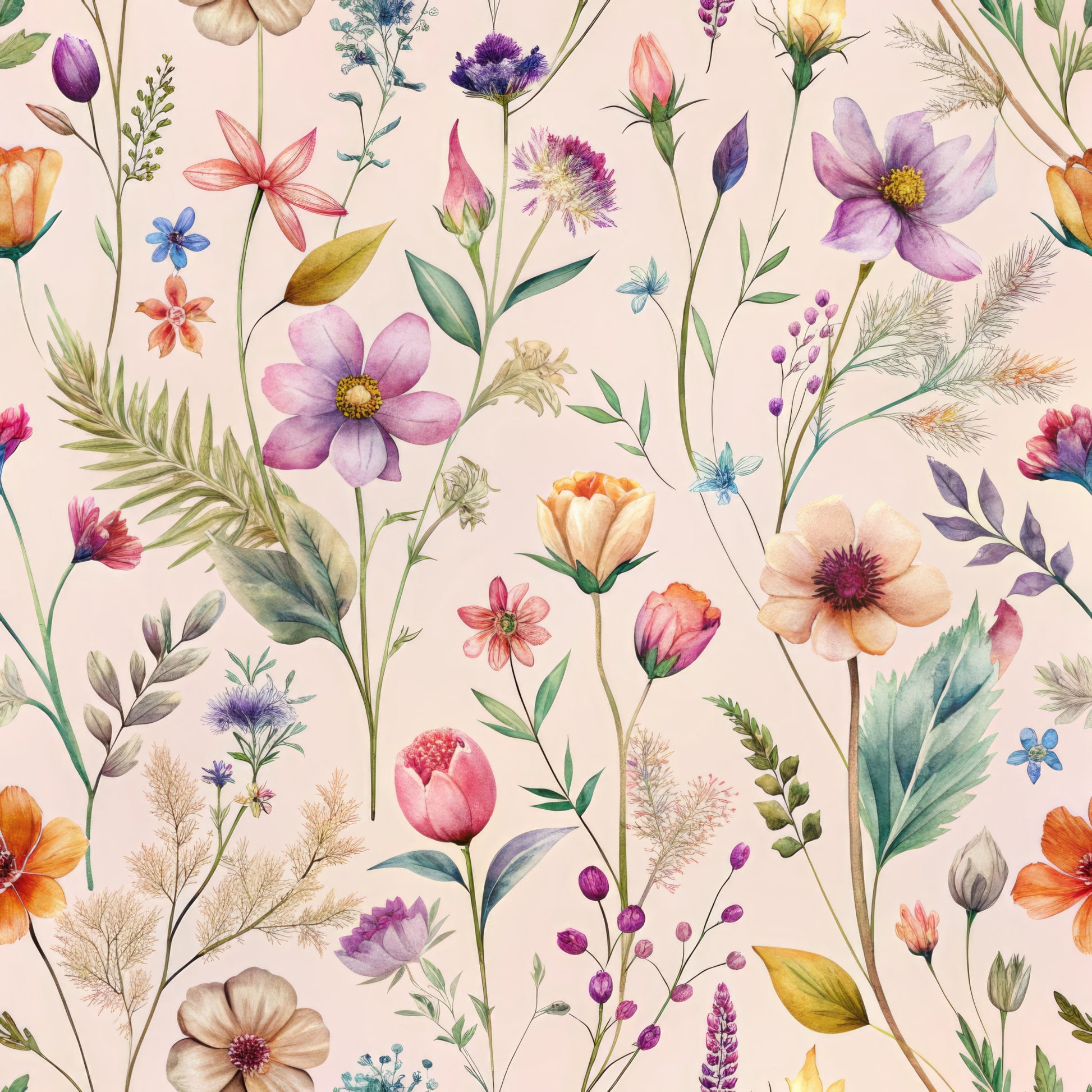 pink background, purple flowers, orange blooms, wildflower pattern, botanical design, delicate stems, watercolor style, quilting cotton, fabric panel, floral motif, nature inspired, soft pastels, meadow flowers, whimsical blooms, crafting material, sewing fabric, garden florals, artistic florals, spring flowers