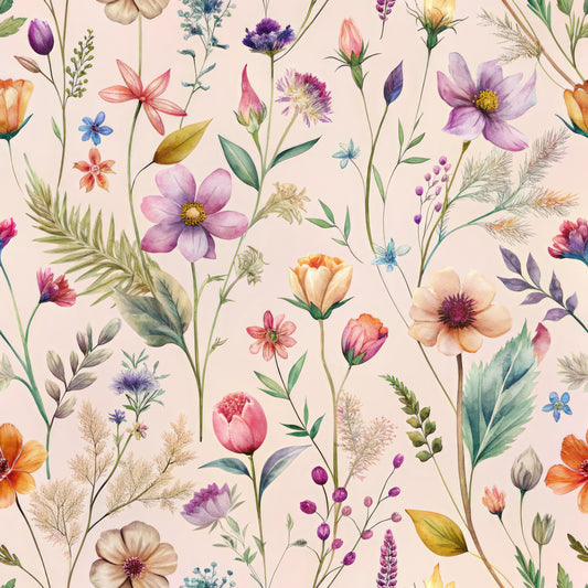 pink background, purple flowers, orange blooms, wildflower pattern, botanical design, delicate stems, watercolor style, quilting cotton, fabric panel, floral motif, nature inspired, soft pastels, meadow flowers, whimsical blooms, crafting material, sewing fabric, garden florals, artistic florals, spring flowers