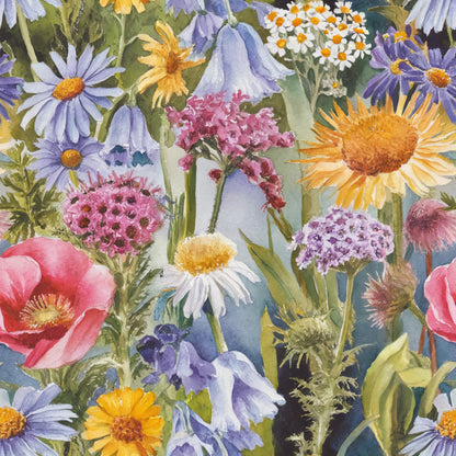 wildflowers, botanical illustration, watercolor style, purple blooms, orange daisies, pink poppies, white flowers, lavender petals, yellow centers, nature pattern, floral medley, spring flowers, summer blooms, quilting cotton, fabric panel, realistic florals, garden flowers, soft pastels, vibrant colors, meadow scene