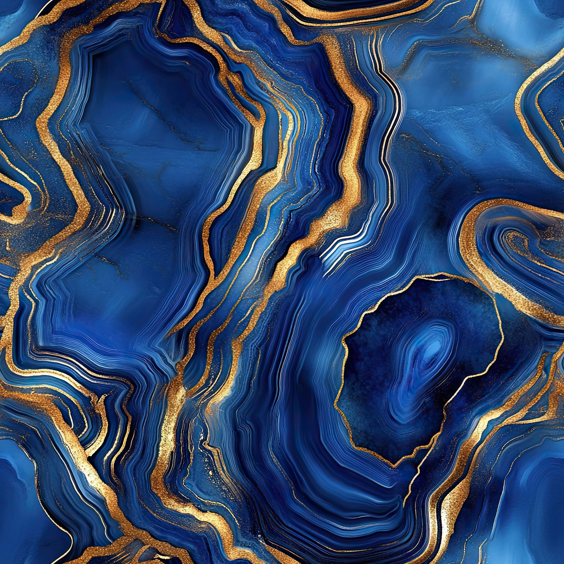 royal blue, gold, agate pattern, geode design, marble texture, swirling lines, organic shapes, luxurious, mineral formation, crystalline structure, flowing bands, metallic accents, natural stone, abstract design, quilting cotton, fabric panel, deep blue, golden veins, layered formations, sophisticated