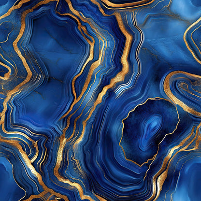 royal blue, gold, agate pattern, geode design, marble texture, swirling lines, organic shapes, luxurious, mineral formation, crystalline structure, flowing bands, metallic accents, natural stone, abstract design, quilting cotton, fabric panel, deep blue, golden veins, layered formations, sophisticated