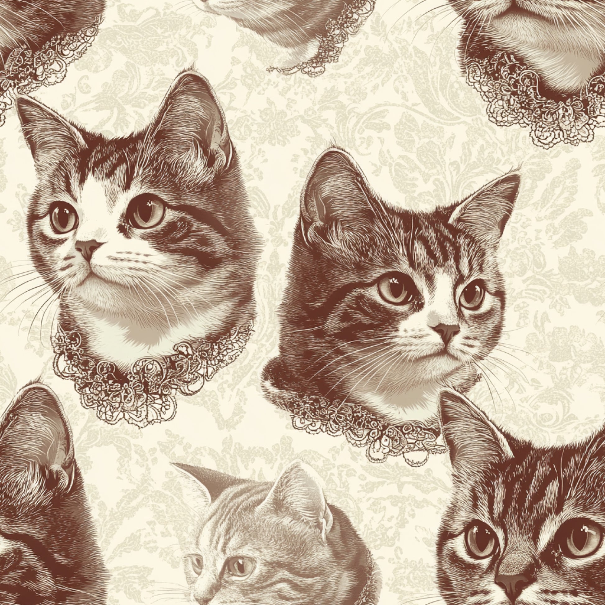 sepia, brown, cream, beige, vintage cats, feline portraits, lace collars, ornate lace, detailed engravings, etched illustration, victorian style, damask background, quilting cotton, fabric panel, cat faces, pet portraits, antique aesthetic, ornamental design, repeating pattern, nostalgic mood
