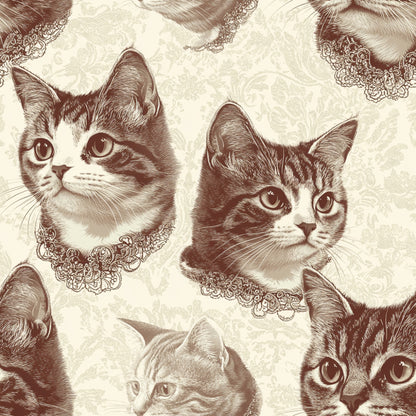 sepia, brown, cream, beige, vintage cats, feline portraits, lace collars, ornate lace, detailed engravings, etched illustration, victorian style, damask background, quilting cotton, fabric panel, cat faces, pet portraits, antique aesthetic, ornamental design, repeating pattern, nostalgic mood