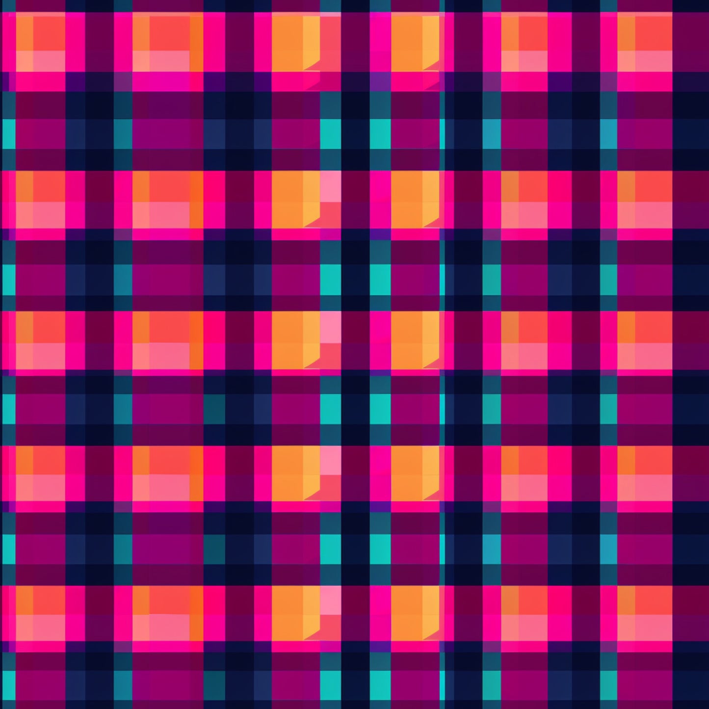 neon pink, hot pink, magenta, orange, coral, teal, turquoise, navy blue, purple, gingham pattern, checkered design, plaid weave, geometric squares, bright colors, vibrant hues, electric colors, fluorescent tones, quilting cotton, fabric panel, modern pattern, contemporary design, cross-hatch design, woven appearance