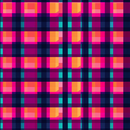 neon pink, hot pink, magenta, orange, coral, teal, turquoise, navy blue, purple, gingham pattern, checkered design, plaid weave, geometric squares, bright colors, vibrant hues, electric colors, fluorescent tones, quilting cotton, fabric panel, modern pattern, contemporary design, cross-hatch design, woven appearance