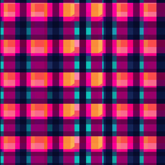 neon pink, hot pink, magenta, orange, coral, teal, turquoise, navy blue, purple, gingham pattern, checkered design, plaid weave, geometric squares, bright colors, vibrant hues, electric colors, fluorescent tones, quilting cotton, fabric panel, modern pattern, contemporary design, cross-hatch design, woven appearance
