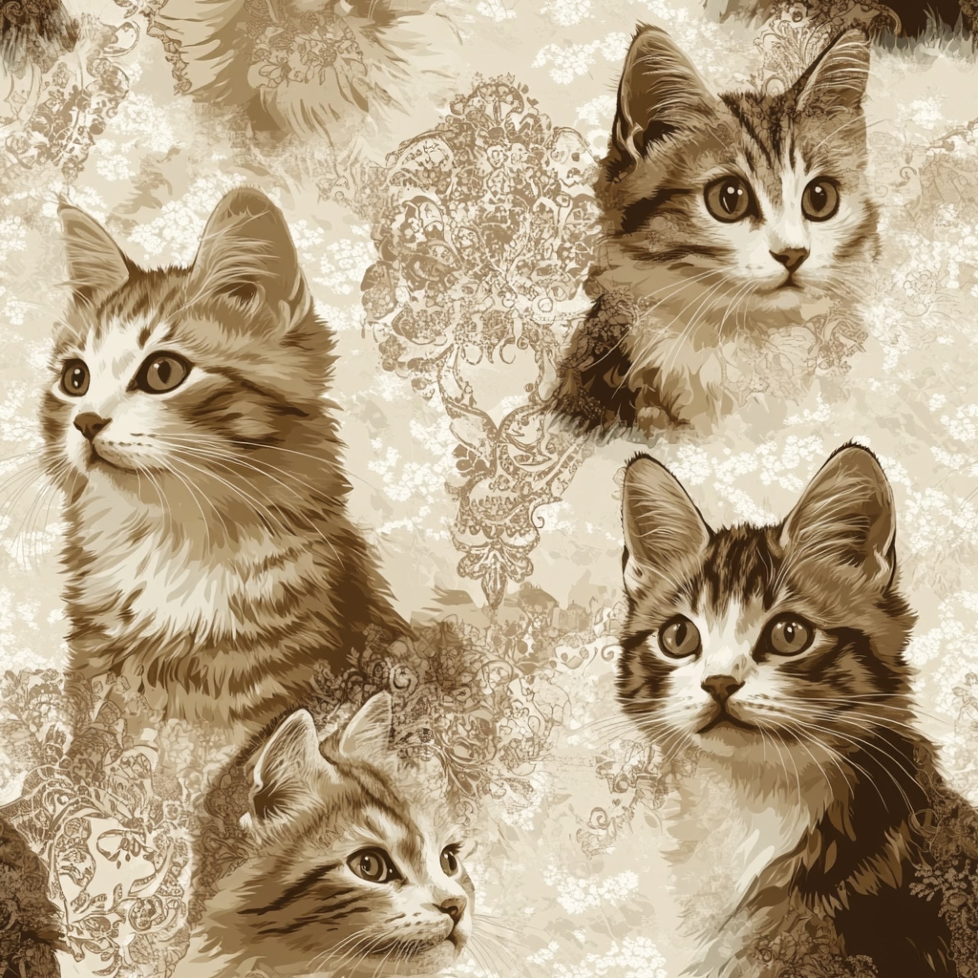 vintage cats, sepia tones, brown hues, cream background, lace patterns, ornate designs, kitten faces, tabby markings, quilting cotton, fabric panel, decorative motifs, nostalgic style, detailed illustrations, feline portraits, intricate lacework, monochromatic palette, realistic cat art, vintage aesthetic, ornamental elements, soft textures