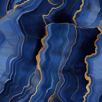 royal blue, navy blue, gold, metallic gold, agate pattern, geode design, marble veining, flowing lines, wavy patterns, mineral texture, luxurious, elegant, abstract design, quilting cotton, fabric panel, gemstone inspired, crystalline formations, deep blue tones, shimmering accents, organic curves