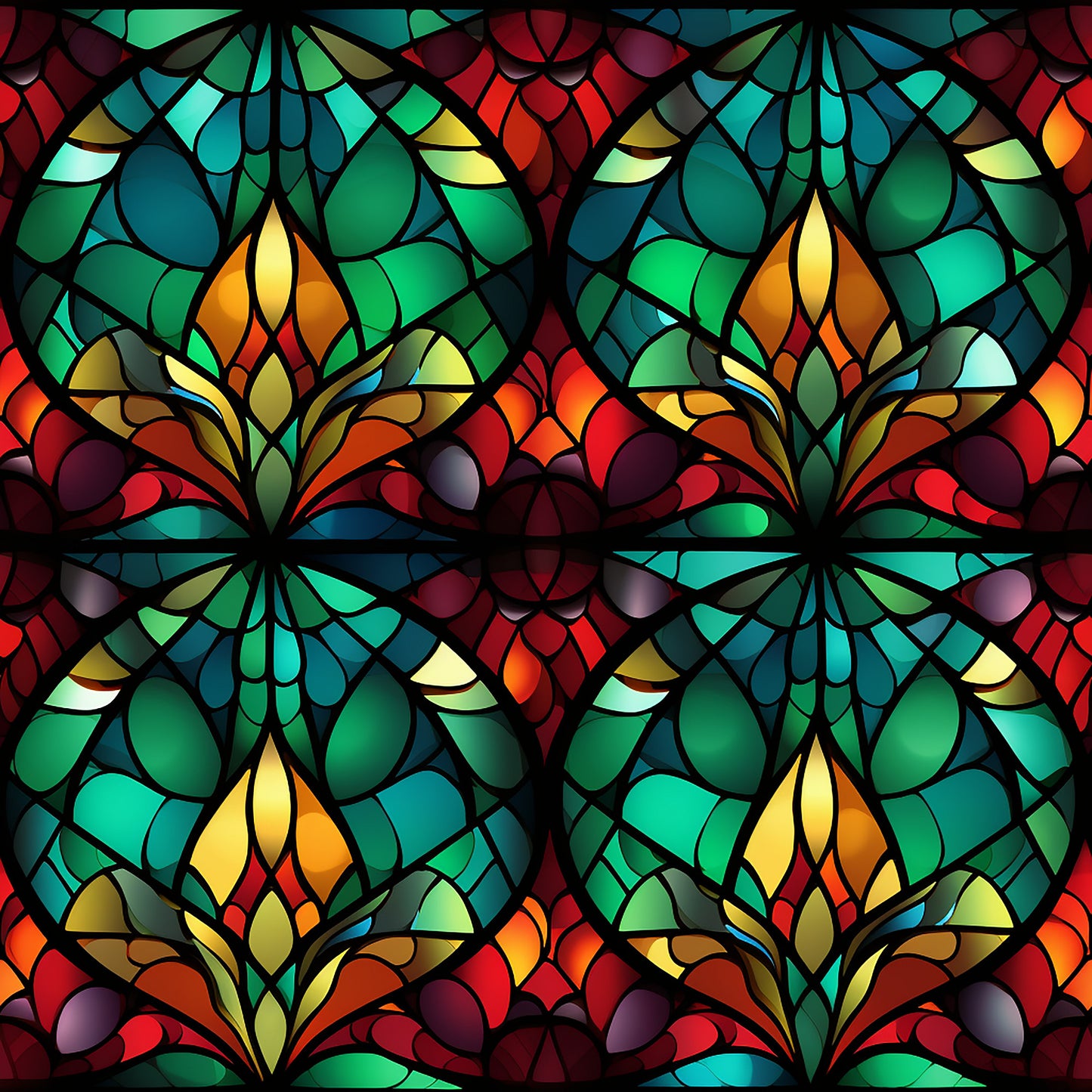 stained glass, emerald green, crimson red, amber yellow, teal blue, geometric pattern, floral motifs, kaleidoscope design, mosaic style, quilting cotton, fabric panel, christmas theme, holiday pattern, jewel tones, radial symmetry, ornate design, festive colors, repeating pattern, cotton fabric