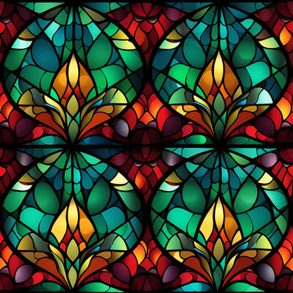 stained glass, emerald green, crimson red, amber yellow, teal blue, geometric pattern, floral motifs, kaleidoscope design, mosaic style, quilting cotton, fabric panel, christmas theme, holiday pattern, jewel tones, radial symmetry, ornate design, festive colors, repeating pattern, cotton fabric