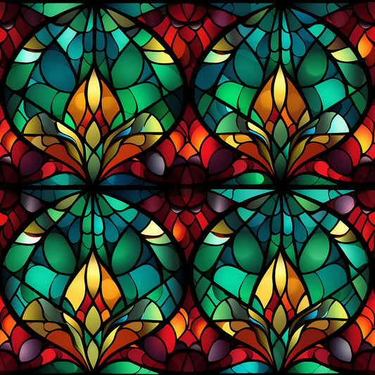 stained glass, emerald green, crimson red, amber yellow, teal blue, geometric pattern, floral motifs, kaleidoscope design, mosaic style, quilting cotton, fabric panel, christmas theme, holiday pattern, jewel tones, radial symmetry, ornate design, festive colors, repeating pattern, cotton fabric