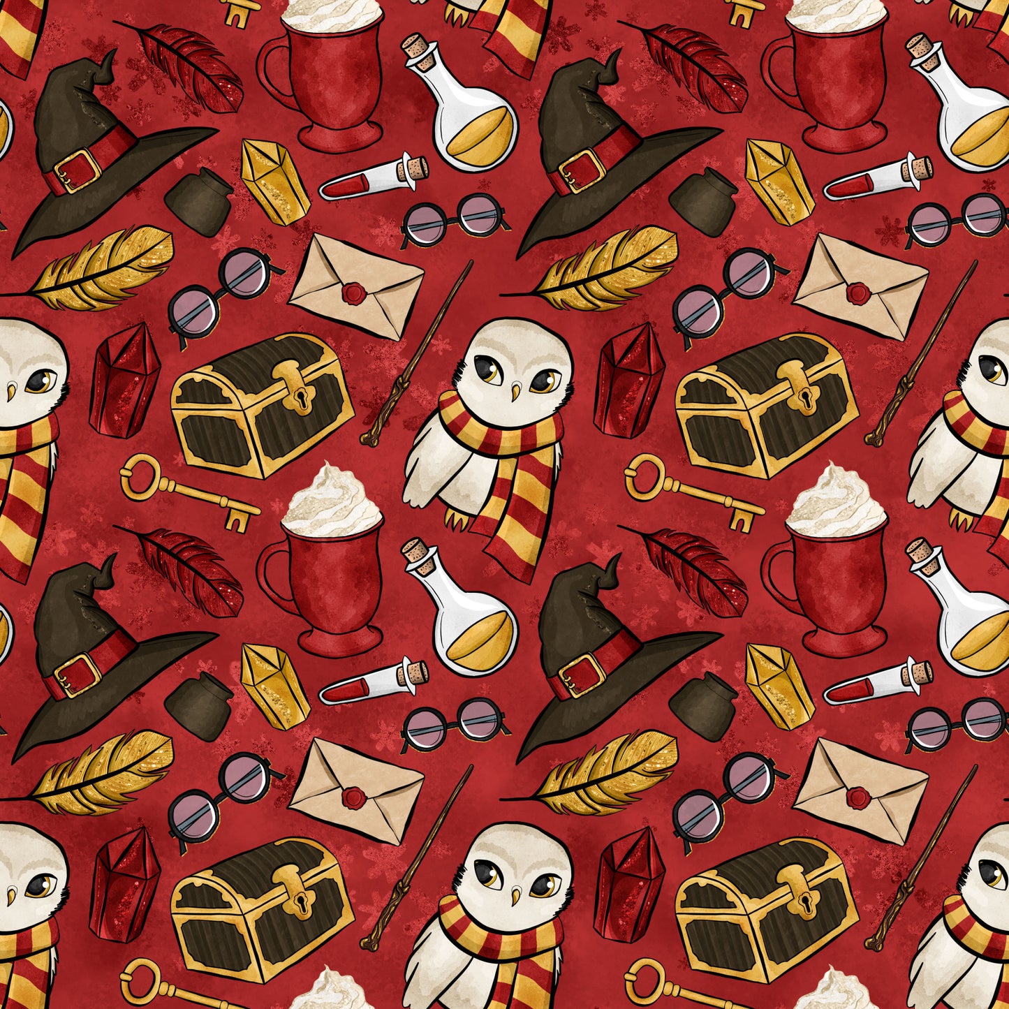 crimson red background, wizard hat, owl character, striped scarf, potion bottles, treasure chest, magic wand, quill feathers, round glasses, sealed envelope, golden key, hot chocolate mug, whimsical illustration, repeating pattern, quilting cotton, fabric panel, magical theme, cartoon style, burgundy tones, yellow accents