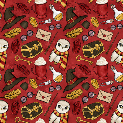 crimson red background, wizard hat, owl character, striped scarf, potion bottles, treasure chest, magic wand, quill feathers, round glasses, sealed envelope, golden key, hot chocolate mug, whimsical illustration, repeating pattern, quilting cotton, fabric panel, magical theme, cartoon style, burgundy tones, yellow accents