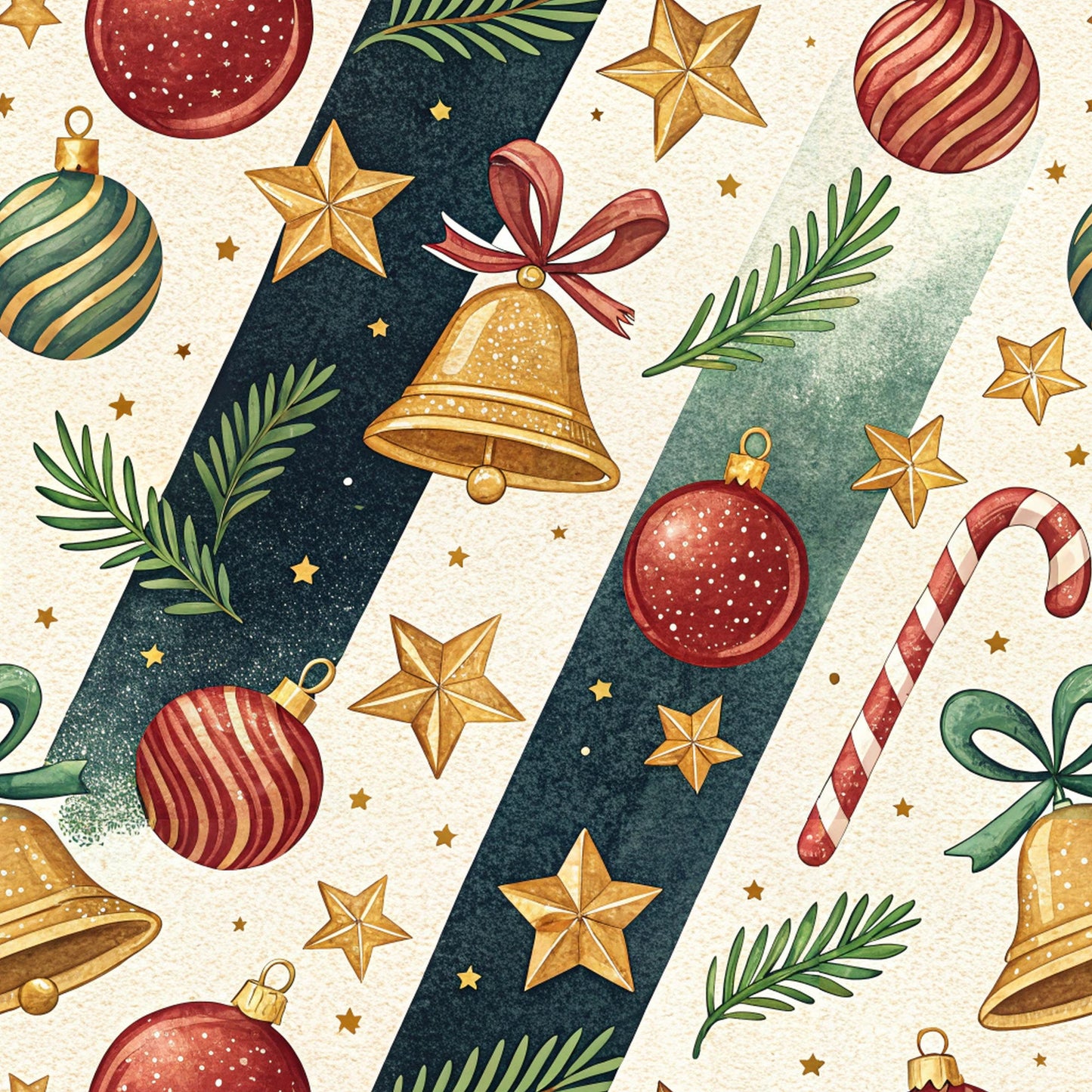 christmas ornaments, red ornaments, gold stars, green pine branches, candy canes, jingle bells, striped baubles, festive pattern, quilting cotton, fabric panel, holiday motifs, cream background, dark green stripes, watercolor style, seasonal design, winter decorations, ribbon bows, evergreen sprigs, christmas bells, holiday fabric