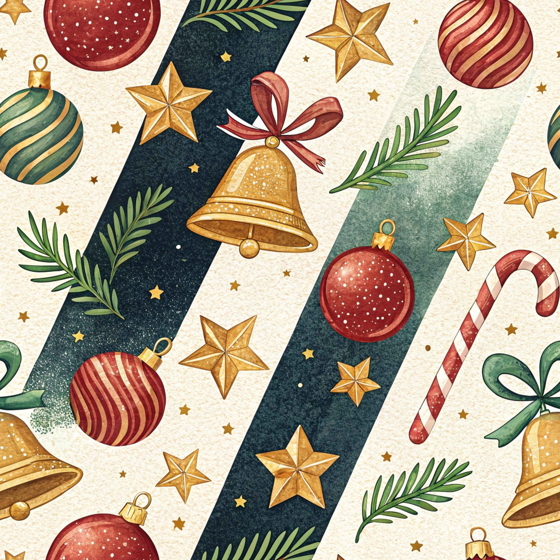 christmas ornaments, red ornaments, gold stars, green pine branches, candy canes, jingle bells, striped baubles, festive pattern, quilting cotton, fabric panel, holiday motifs, cream background, dark green stripes, watercolor style, seasonal design, winter decorations, ribbon bows, evergreen sprigs, christmas bells, holiday fabric
