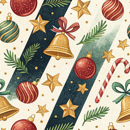 christmas ornaments, red ornaments, gold stars, green pine branches, candy canes, jingle bells, striped baubles, festive pattern, quilting cotton, fabric panel, holiday motifs, cream background, dark green stripes, watercolor style, seasonal design, winter decorations, ribbon bows, evergreen sprigs, christmas bells, holiday fabric