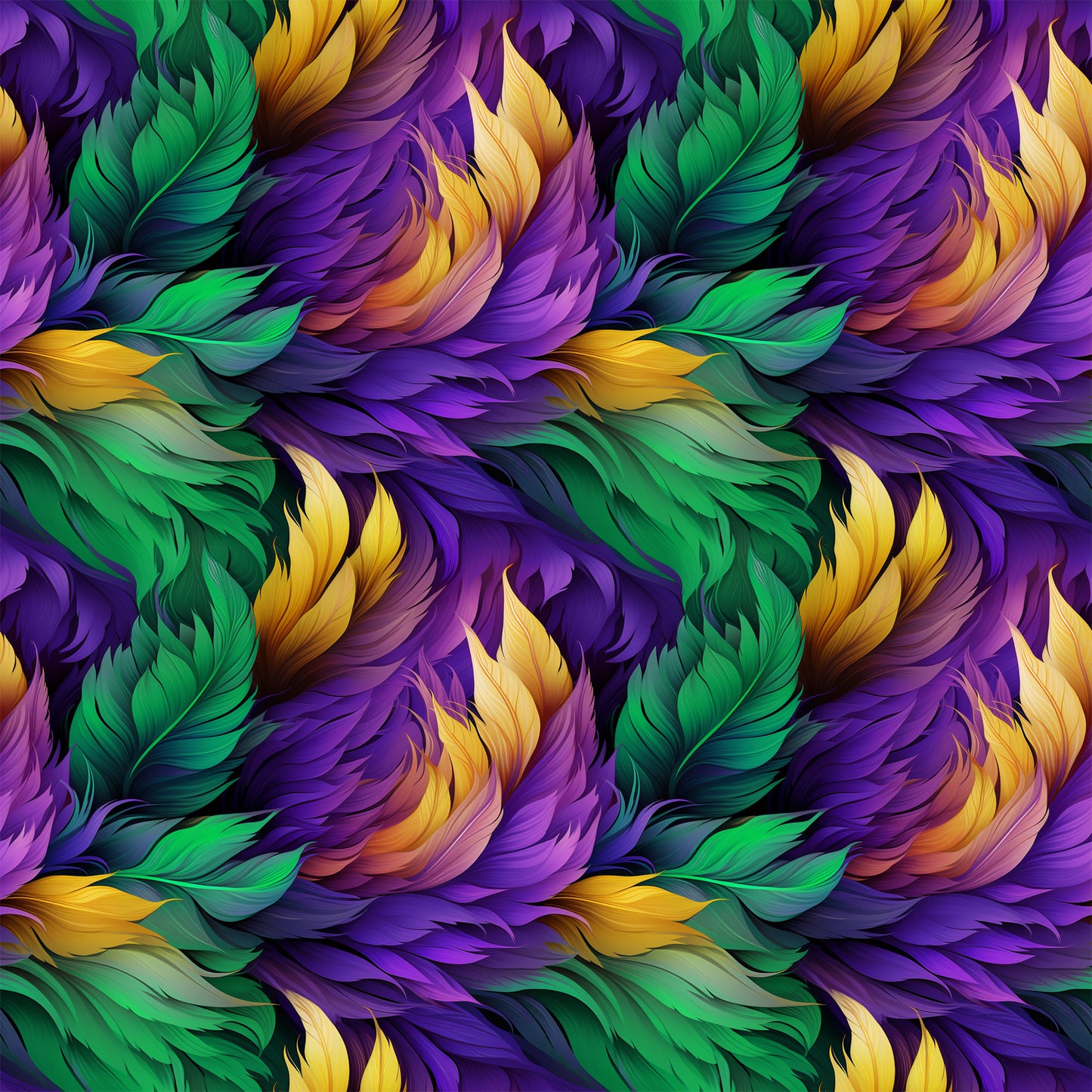 feathers, mardi gras, purple, green, gold, yellow, flowing pattern, ornate plumes, carnival theme, quilting cotton, fabric panel, swirling design, festive colors, decorative feathers, rich purples, emerald green, golden yellow, seamless repeat, luxurious texture, celebration motif