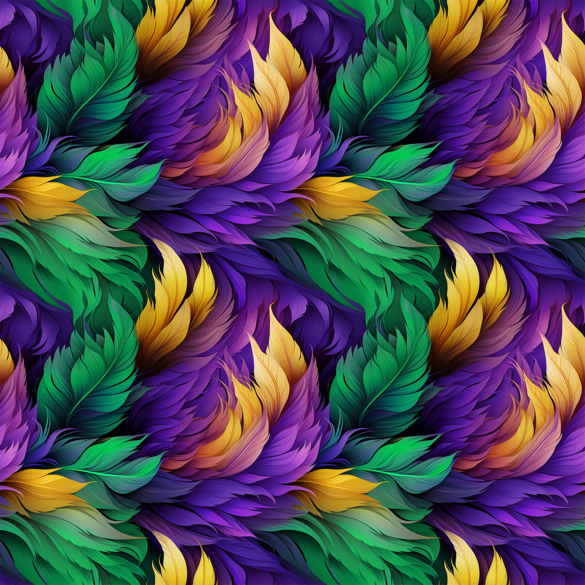 feathers, mardi gras, purple, green, gold, yellow, flowing pattern, ornate plumes, carnival theme, quilting cotton, fabric panel, swirling design, festive colors, decorative feathers, rich purples, emerald green, golden yellow, seamless repeat, luxurious texture, celebration motif