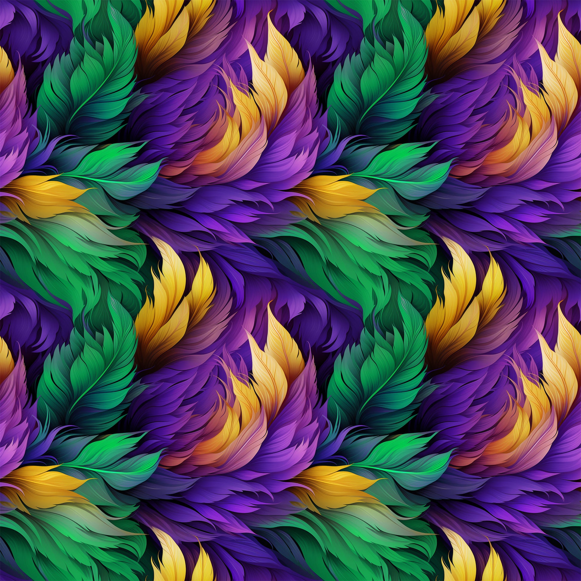 feathers, mardi gras, purple, green, gold, yellow, flowing pattern, ornate plumes, carnival theme, quilting cotton, fabric panel, swirling design, festive colors, decorative feathers, rich purples, emerald green, golden yellow, seamless repeat, luxurious texture, celebration motif