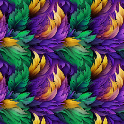 feathers, mardi gras, purple, green, gold, yellow, flowing pattern, ornate plumes, carnival theme, quilting cotton, fabric panel, swirling design, festive colors, decorative feathers, rich purples, emerald green, golden yellow, seamless repeat, luxurious texture, celebration motif