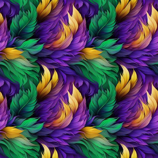 feathers, mardi gras, purple, green, gold, yellow, flowing pattern, ornate plumes, carnival theme, quilting cotton, fabric panel, swirling design, festive colors, decorative feathers, rich purples, emerald green, golden yellow, seamless repeat, luxurious texture, celebration motif