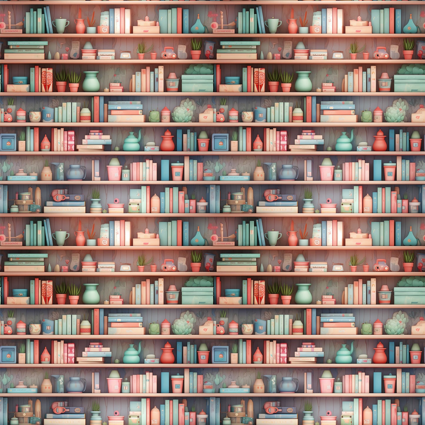 coral pink, sage green, teal blue, cream, bookshelf pattern, stacked books, pottery vessels, small plants, succulents, teapots, decorative objects, repeating shelves, cozy library, vintage style, quilting cotton, fabric panel, horizontal stripes, home library, reading nook, soft pastels