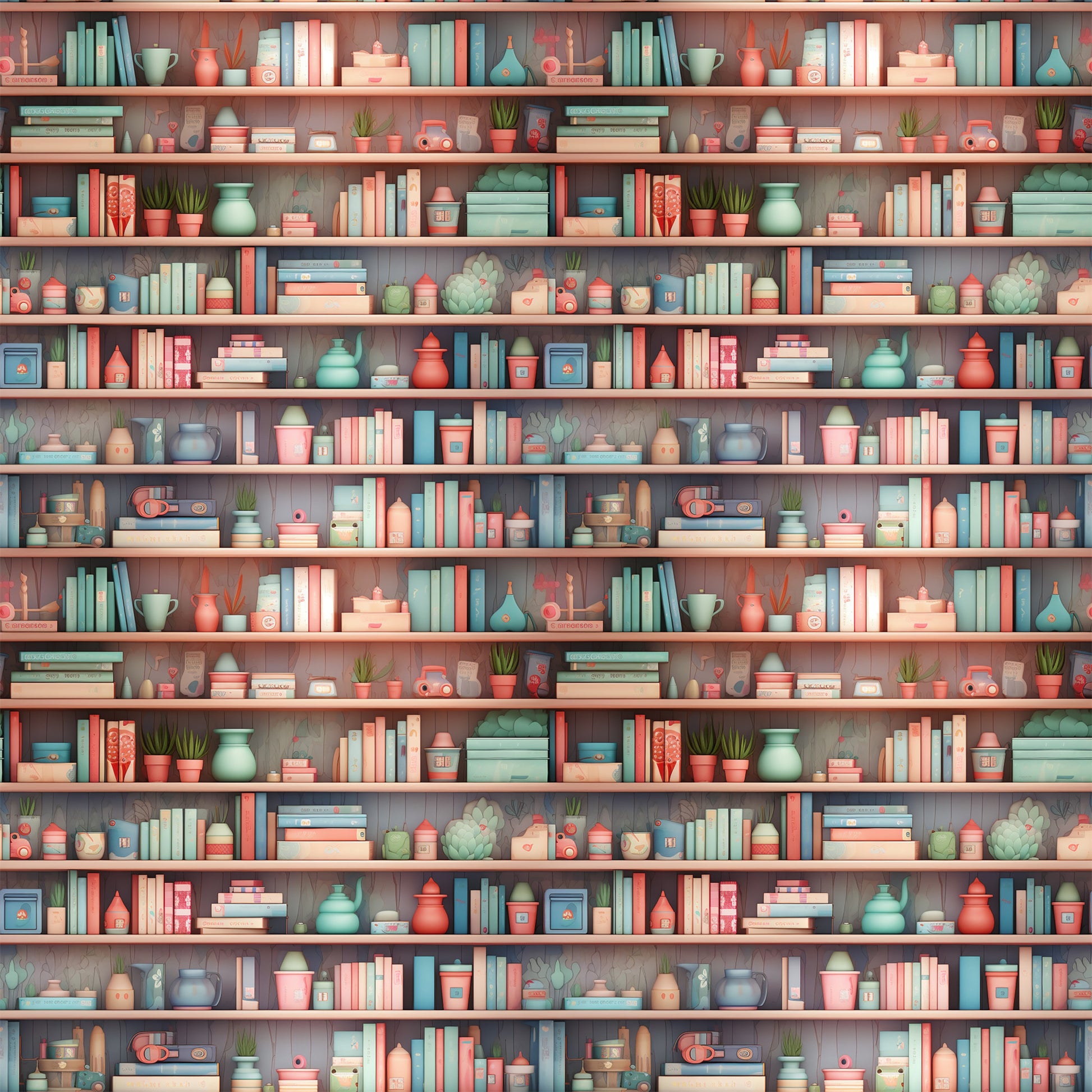 coral pink, sage green, teal blue, cream, bookshelf pattern, stacked books, pottery vessels, small plants, succulents, teapots, decorative objects, repeating shelves, cozy library, vintage style, quilting cotton, fabric panel, horizontal stripes, home library, reading nook, soft pastels