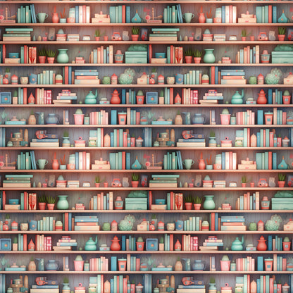 coral pink, sage green, teal blue, cream, bookshelf pattern, stacked books, pottery vessels, small plants, succulents, teapots, decorative objects, repeating shelves, cozy library, vintage style, quilting cotton, fabric panel, horizontal stripes, home library, reading nook, soft pastels