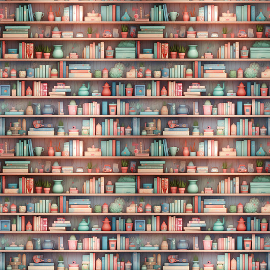 coral pink, sage green, teal blue, cream, bookshelf pattern, stacked books, pottery vessels, small plants, succulents, teapots, decorative objects, repeating shelves, cozy library, vintage style, quilting cotton, fabric panel, horizontal stripes, home library, reading nook, soft pastels