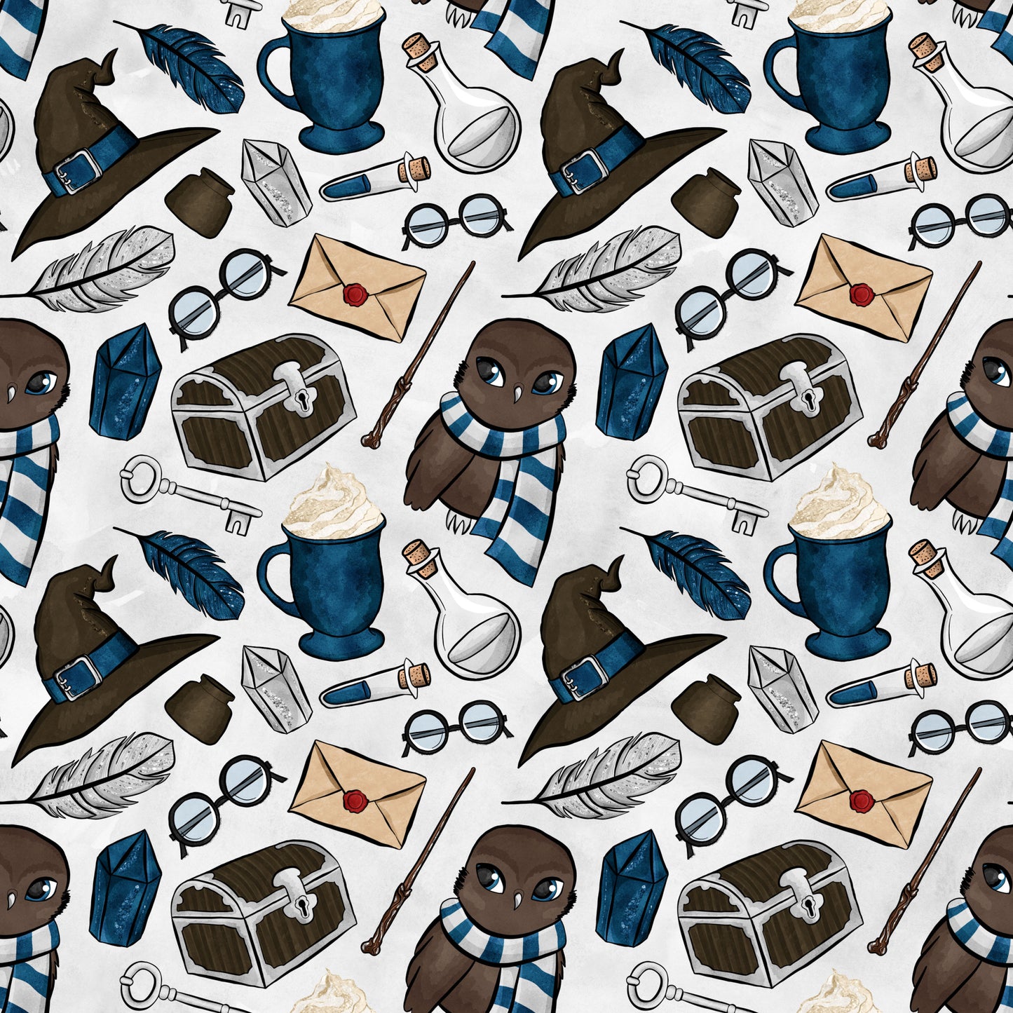 brown owl, blue scarf, wizard hat, potion bottles, treasure chest, feathers, round glasses, magic wand, envelope, skeleton key, hot chocolate mug, quilting cotton, repeating pattern, whimsical design, fantasy theme, magical elements, navy blue, cream background, cute characters, school supplies