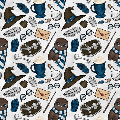 brown owl, blue scarf, wizard hat, potion bottles, treasure chest, feathers, round glasses, magic wand, envelope, skeleton key, hot chocolate mug, quilting cotton, repeating pattern, whimsical design, fantasy theme, magical elements, navy blue, cream background, cute characters, school supplies