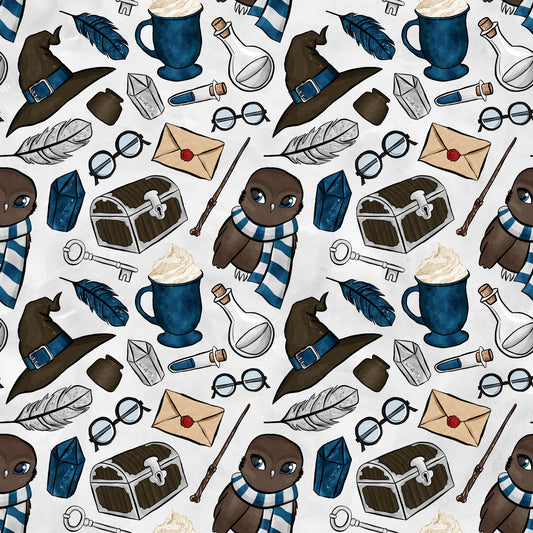 brown owl, blue scarf, wizard hat, potion bottles, treasure chest, feathers, round glasses, magic wand, envelope, skeleton key, hot chocolate mug, quilting cotton, repeating pattern, whimsical design, fantasy theme, magical elements, navy blue, cream background, cute characters, school supplies