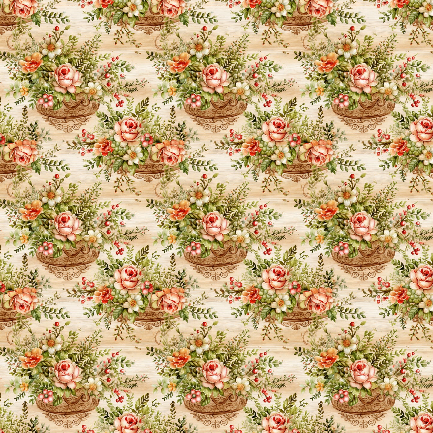 floral pattern, vintage roses, ornate baskets, pink roses, cream background, botanical design, repeating motif, quilting cotton, fabric panel, cottage core, romantic florals, peachy pink, sage green, decorative urns, garden flowers, feminine aesthetic, soft pastels, english garden, flower arrangements, delicate berries