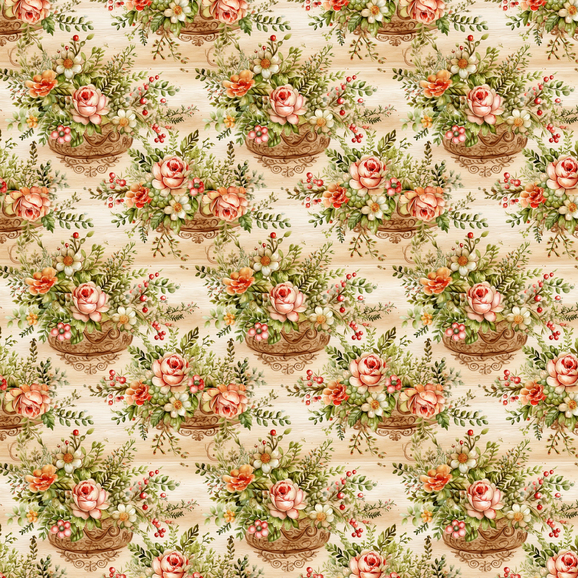 floral pattern, vintage roses, ornate baskets, pink roses, cream background, botanical design, repeating motif, quilting cotton, fabric panel, cottage core, romantic florals, peachy pink, sage green, decorative urns, garden flowers, feminine aesthetic, soft pastels, english garden, flower arrangements, delicate berries