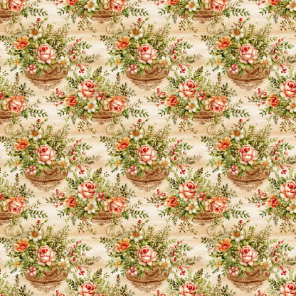 floral pattern, vintage roses, ornate baskets, pink roses, cream background, botanical design, repeating motif, quilting cotton, fabric panel, cottage core, romantic florals, peachy pink, sage green, decorative urns, garden flowers, feminine aesthetic, soft pastels, english garden, flower arrangements, delicate berries