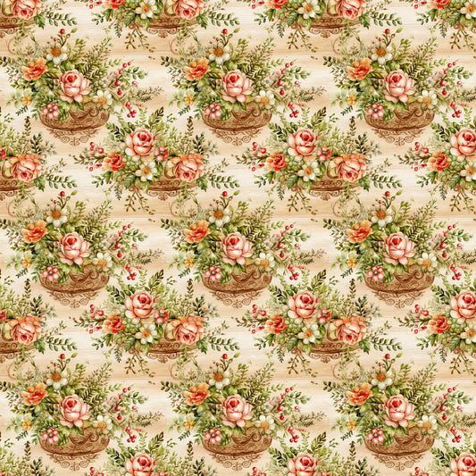 floral pattern, vintage roses, ornate baskets, pink roses, cream background, botanical design, repeating motif, quilting cotton, fabric panel, cottage core, romantic florals, peachy pink, sage green, decorative urns, garden flowers, feminine aesthetic, soft pastels, english garden, flower arrangements, delicate berries