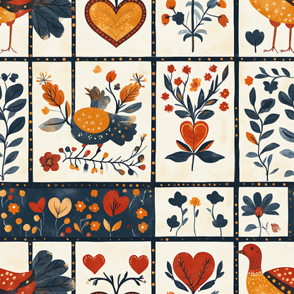 orange, navy blue, red, cream, folk art, hearts, birds, flowers, botanical motifs, patchwork squares, quilting cotton, fabric panel, autumn colors, decorative stitching, floral patterns, rustic style, country charm, geometric blocks, hand-drawn aesthetic, warm palette
