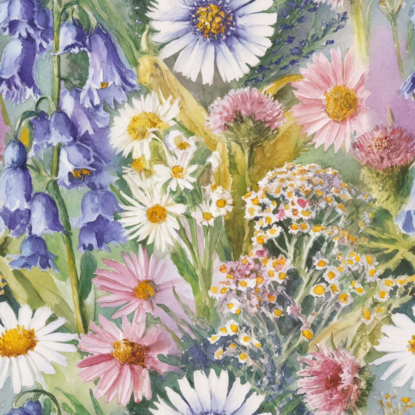 wildflower meadow, watercolor style, botanical illustration, purple flowers, pink daisies, white blooms, yellow centers, blue blossoms, lavender hues, garden flowers, spring florals, nature pattern, quilting cotton, fabric panel, delicate petals, soft pastels, whimsical florals, cottage garden, meadow wildflowers, artistic florals