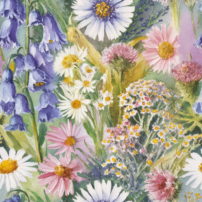 wildflower meadow, watercolor style, botanical illustration, purple flowers, pink daisies, white blooms, yellow centers, blue blossoms, lavender hues, garden flowers, spring florals, nature pattern, quilting cotton, fabric panel, delicate petals, soft pastels, whimsical florals, cottage garden, meadow wildflowers, artistic florals