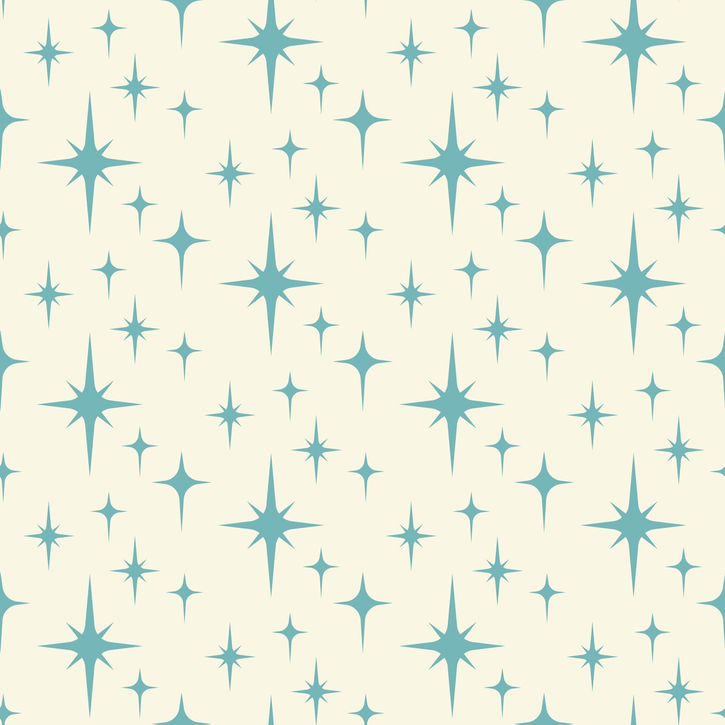 turquoise, teal, cream, beige, starburst pattern, atomic design, mid-century modern, retro style, geometric shapes, star motifs, sparkle design, quilting cotton, fabric panel, vintage inspired, celestial theme, repeating pattern, crafting material, sewing fabric, nostalgic mood, space age design