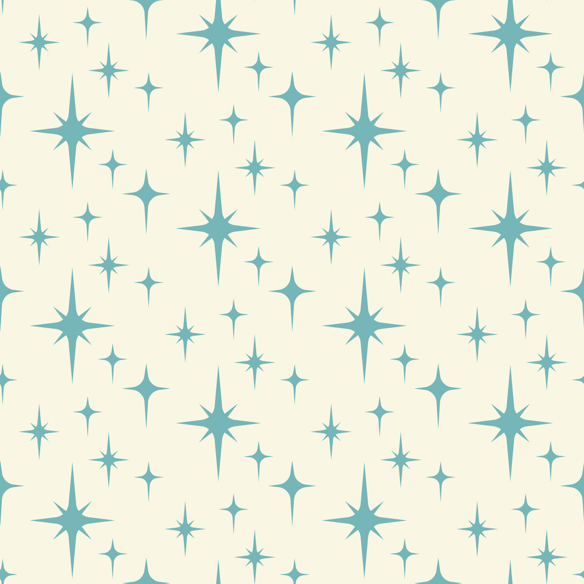 turquoise, teal, cream, beige, starburst pattern, atomic design, mid-century modern, retro style, geometric shapes, star motifs, sparkle design, quilting cotton, fabric panel, vintage inspired, celestial theme, repeating pattern, crafting material, sewing fabric, nostalgic mood, space age design