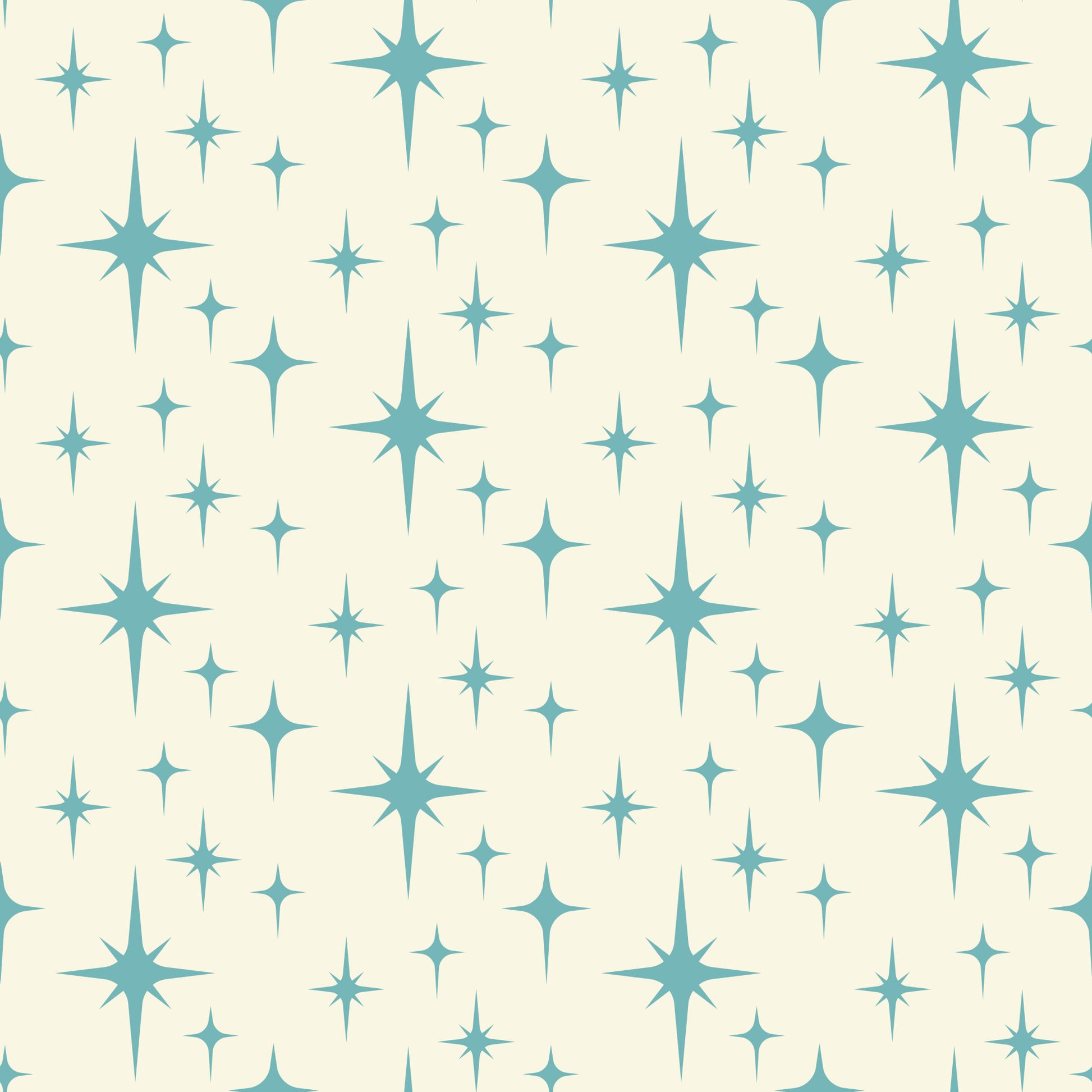 turquoise, teal, cream, beige, starburst pattern, atomic design, mid-century modern, retro style, geometric shapes, star motifs, sparkle design, quilting cotton, fabric panel, vintage inspired, celestial theme, repeating pattern, crafting material, sewing fabric, nostalgic mood, space age design