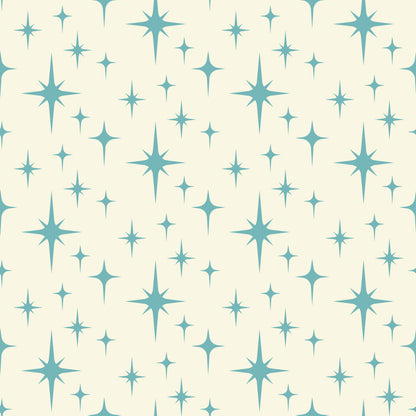 turquoise, teal, cream, beige, starburst pattern, atomic design, mid-century modern, retro style, geometric shapes, star motifs, sparkle design, quilting cotton, fabric panel, vintage inspired, celestial theme, repeating pattern, crafting material, sewing fabric, nostalgic mood, space age design