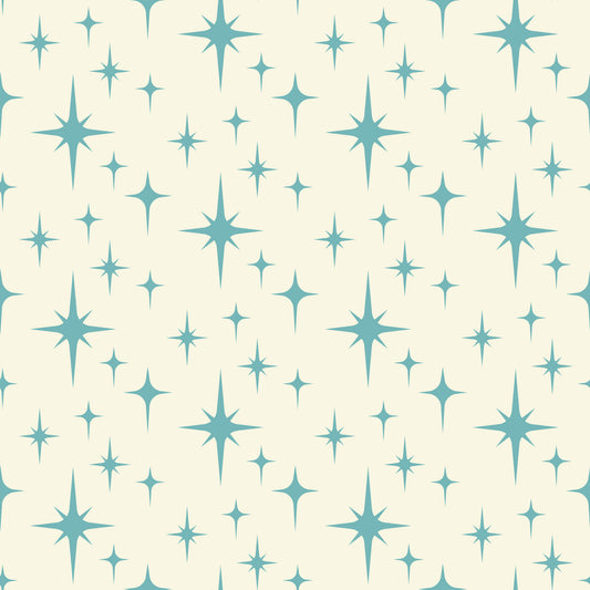 turquoise, teal, cream, beige, starburst pattern, atomic design, mid-century modern, retro style, geometric shapes, star motifs, sparkle design, quilting cotton, fabric panel, vintage inspired, celestial theme, repeating pattern, crafting material, sewing fabric, nostalgic mood, space age design