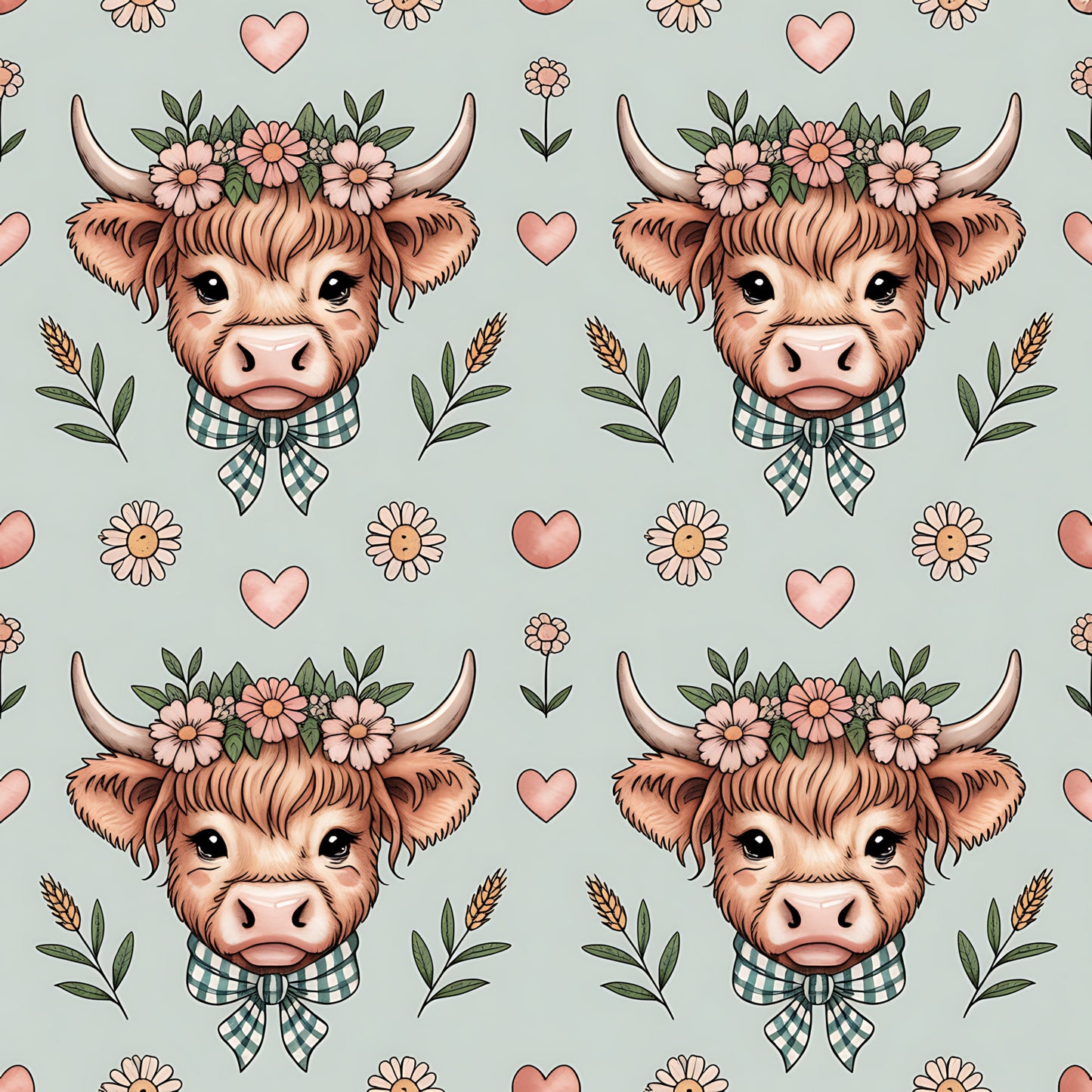 Highland Cow Heads Pattern 10 Quilting Cotton Fabric