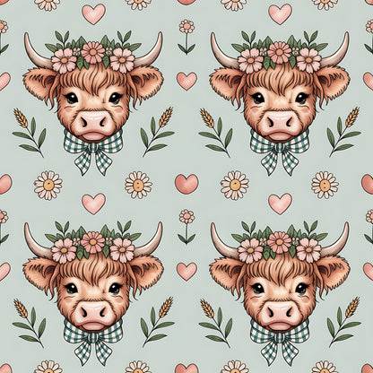 Highland Cow Heads Pattern 10 Quilting Cotton Fabric