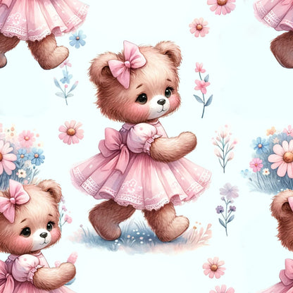 pink teddy bears, brown bears, floral pattern, pastel colors, soft pink, baby blue, cute animals, bow accessories, frilly dresses, whimsical design, nursery theme, quilting cotton, fabric panel, repeating pattern, delicate flowers, feminine style, children's fabric, sweet characters, vintage inspired, crafting material