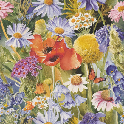 wildflowers, botanical print, floral pattern, purple flowers, orange poppy, yellow blooms, pink daisies, white petals, lavender blossoms, butterfly, nature scene, meadow flowers, vibrant colors, quilting cotton, fabric panel, realistic artwork, garden theme, spring florals, detailed illustration, watercolor style