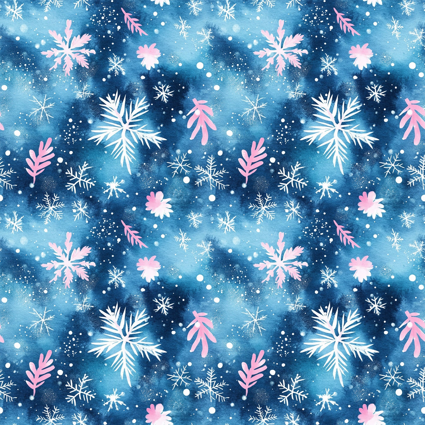 watercolor blue, christmas pattern, quilting cotton, fabric panel, snowflakes, winter motifs, pink accents, white snowflakes, navy blue, celestial blue, holiday fabric, seasonal design, watercolor effect, winter wonderland, festive pattern, cotton fabric, quilting material, christmas crafting, holiday sewing, winter theme